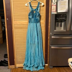 Teal cocktail dress with cape